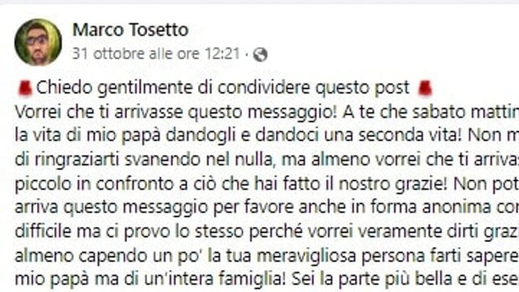 "Hai salvato mio padre: vorrei dirti grazie", l'appello corre sui social