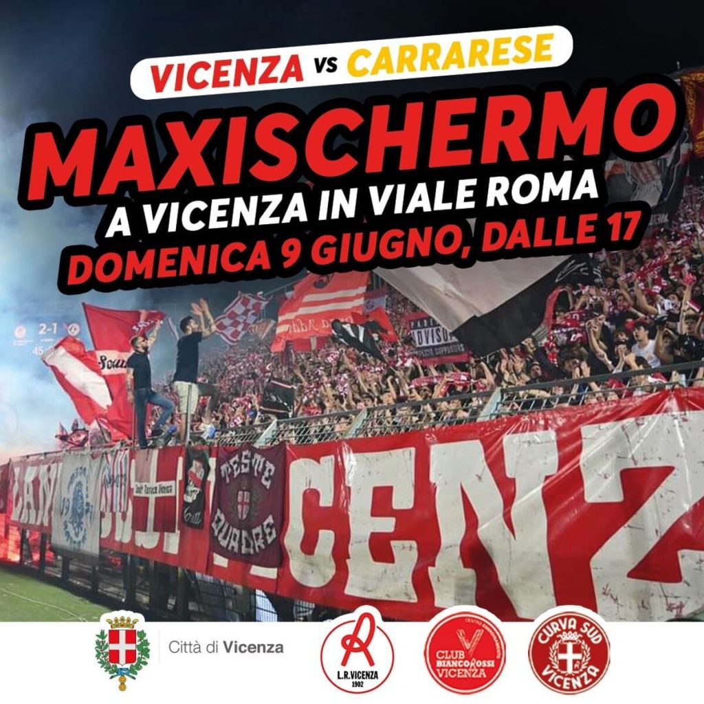 Carrarese-Vicenza, maxischermo viale Roma: vietato consumo in contenitori di vetro e lattine fuori dai locali